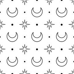 Seamless pattern with crescent moon and stars on a white background. Celestial design for textile. Astrology illustration for fabric, wrapping paper, scrapbook, or wallpaper. 