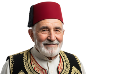 Smiling elderly man in traditional turkish clothing isolated on transparent background