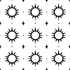 Seamless pattern with sun symbol and black stars on a white background. Celestial design for wrapping paper, scrapbook, fabric, or textile. Mystical drawing for wallpaper.
