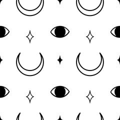 Esoteric seamless pattern with crescent moon, eyes, and stars. Vector illustration for fabric, wrapping paper, scrapbook, or wallpaper. Celestial design for textile. 