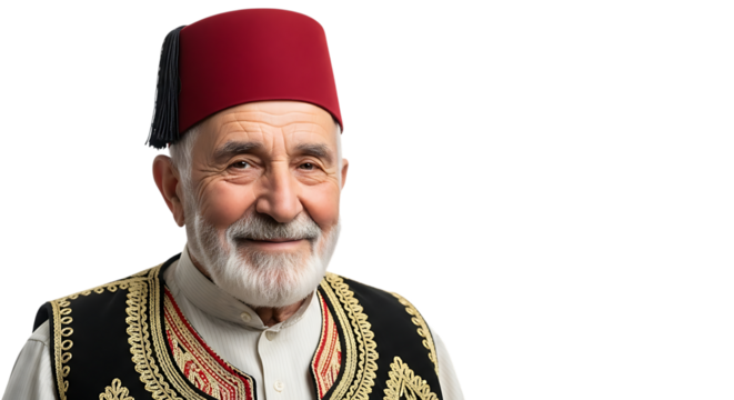 Smiling elderly man in traditional turkish clothing isolated on transparent background