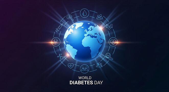 Blue globe with medical icons and text World Diabetes Day