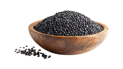 Black lentils in wooden bowl isolated on a transparent background 1