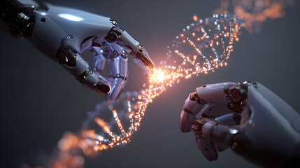 Robotic hands manipulate glowing DNA helix, symbolizing scientific advancement.