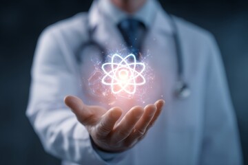 Doctor in white coat holding glowing artificial intelligence symbol in hand, representing medical technology and innovation in healthcare, digital transformation