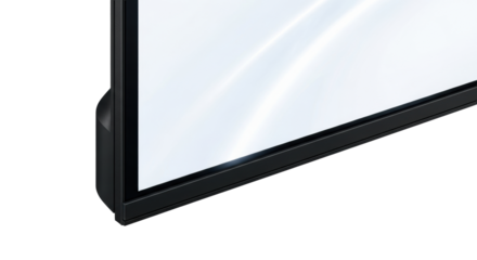 Extreme macro close-up, modern black flat-screen TV upper corner, razor-thin obsidian-black bezel, luminous white reflective screen on transparent. Advanced technology and meticulous design excellence