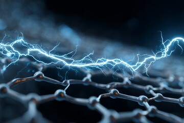 Electric Charge Flowing Through Graphene Structure with Blue Lightning Effect and Dark Background