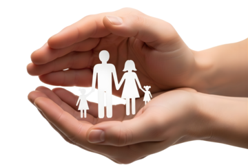 Paper family in the hands isolated on transparent background, family concept