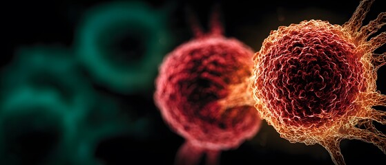 Close-up rendering of two cells interacting in biological fluid.