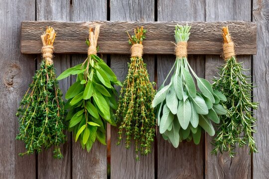 Fresh culinary herbs drying on rustic wooden wall