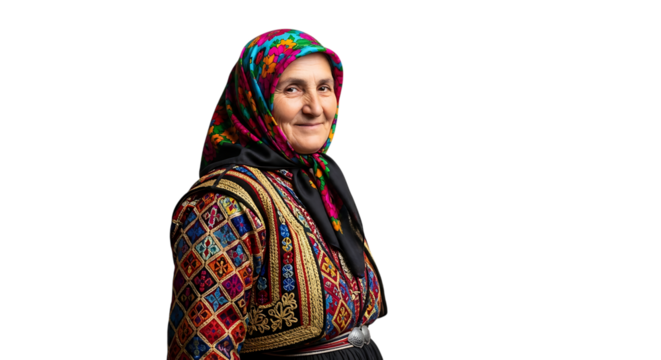 Smiling elderly woman in traditional clothing isolated on transparent background