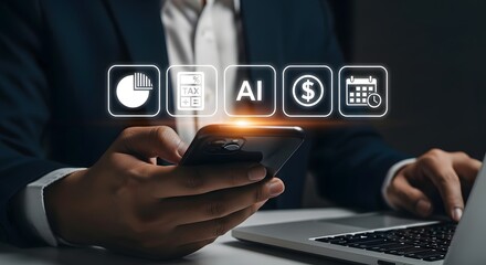Business person using smartphone with ai icons for finance, analytics, and planning, symbolizing digital transformation and technology in modern business operations
