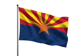 Arizona state flag waving gently on a silver flagpole against a stark Transparent background image view