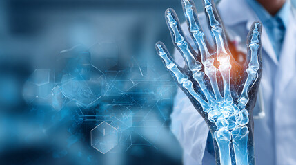 Doctor examining human hand x-ray showing joint pain and medical problem