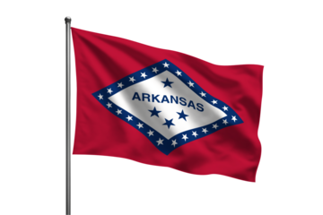 A waving Arkansas state flag with stars and stripes on a pole against a Transparent background visual