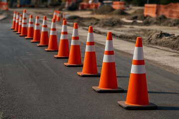 Bright orange road cones arranged on asphalt during road repair work at construction site