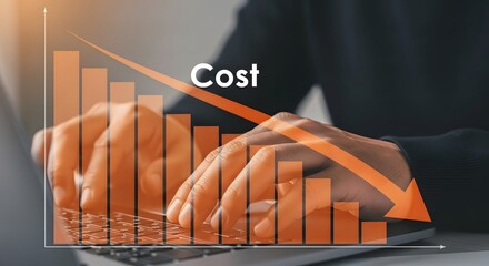 Hands typing on laptop with a downward trending cost graph overlay, symbolizing cost reduction and financial efficiency