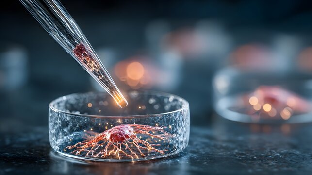 Scientist uses pipette to add liquid to petri dish with cell culture.