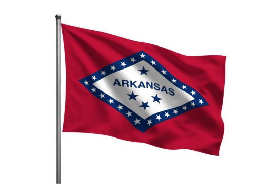 A waving Arkansas state flag with stars and stripes on a pole against a Transparent background visual
