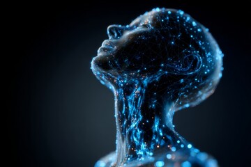 Futuristic Digital Profile of a Human Silhouette with Data Visualization Elements and Blue Neon Accents