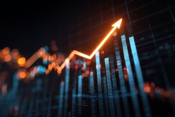 Green Arrow Rising on Stock Market Graph with Bar Charts and Data Visualization for Financial Growth and Investment Analysis