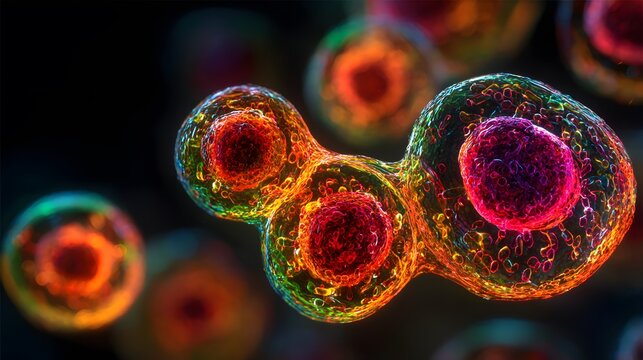 Abstract colorful cells are dividing and glowing on a dark background.
