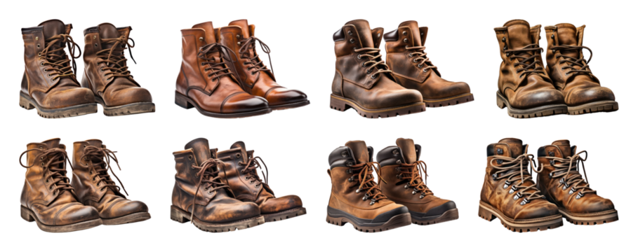 PNG Vintage rugged leather boots collection, element set on transparent background - Powered by Adobe