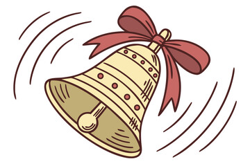 Golden jingle bell vector icon with red ribbon and motion sound effect lines