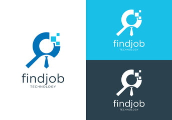 digital recruitment design template, human recruitment logo with magnifying glass concept and digital pixels on vector design logo