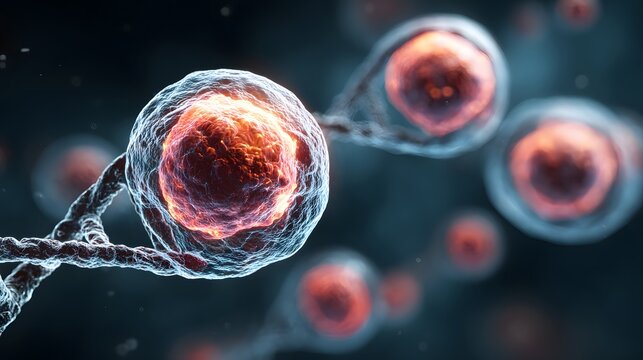 Microscopic view of glowing cells and DNA helix structure. - Powered by Adobe