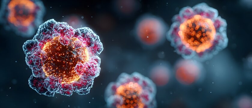 Microscopic view of illuminated biological cells with complex structures.