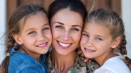 Military mother embracing happy daughters, celebrating family reunion