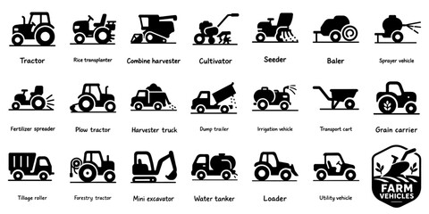 農業車両と作業機のシルエットセット、Farm Vehicles and Machinery Silhouette Set