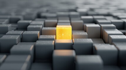 Obraz premium Illuminated Golden Cube Stands Out Amongst Grey Cubes, Abstract Concept, Focus.