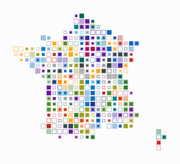 France, shape of the country build of colored cells. Digital style map of the France on white background. Large size square blocks. Simple vector illustration.