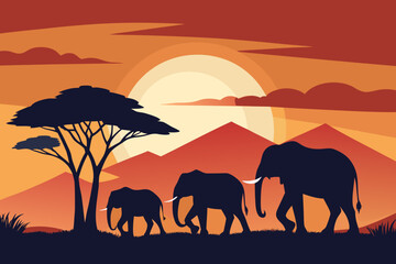 Fototapeta premium A beautiful cartoon of elephants in the savanna vector illustration