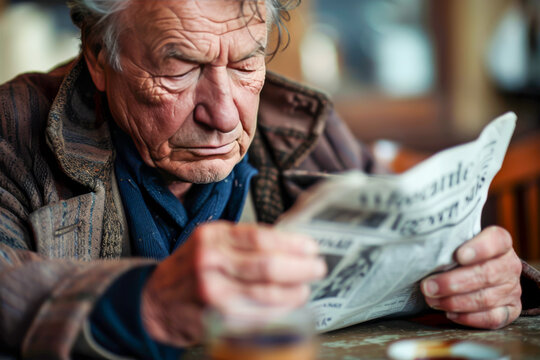 Elderly man with gray hair is deeply focused on reading newspaper in cozy cafe, surrounded by warm lighting and rustic wooden furniture, creating an inviting atmosphere for reflection