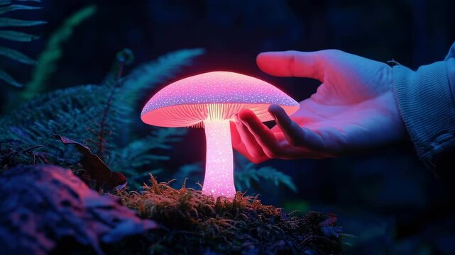 Glowing mushroom neon fungi bioluminescent forest night soft light macro nature hand touch magical ambiance dreamy mood soft focus moss ground neon