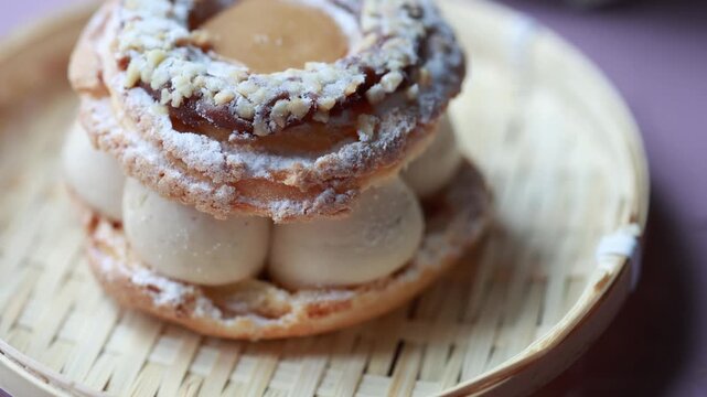 Close-Up of Pistachio and Pumpkin Christmas Paris-Brest Dessert