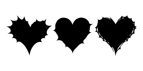 Three black heart shapes with different thorny edges in solid silhouette style on white background, expressing dark love or heartbreak