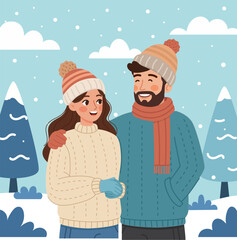 Happy Couple Enjoying a Snowy Winter Day Together With Drinking. Illusration Concept to celebrate snow fall winter season or christmas for a couple