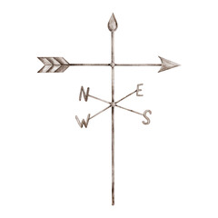 Watercolor Metal weather vane with arrow and compass rose wind indicator. Hand painted Illustration Indicate wind direction North, West, South, East isolated on Background