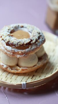 Close-Up of Pistachio and Pumpkin Christmas Paris-Brest Dessert