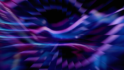 Dark abstract futuristic background with warping blue and purple neon light trails and geometric elements