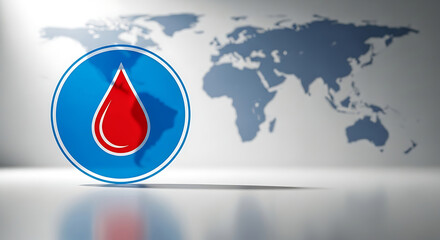 Red blood drop symbol on blue circle with world map background