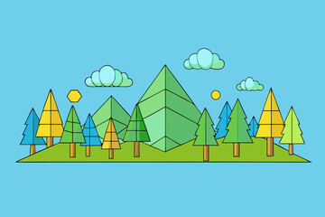 A modern cartoon scene of a geometric forest background vector illustration
