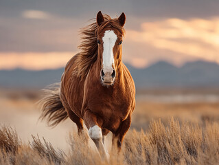 a majestic horse with a chestnut coat and a white blaze, galloping across a golden field with tall grasses. The background features a blurred landscape with mountains under a cloudy sky