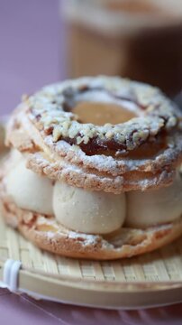 Close-Up of Pistachio and Pumpkin Christmas Paris-Brest Dessert