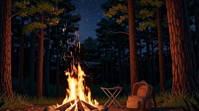 Enchanting animated campfire under a starry night sky, perfect for adventure stories