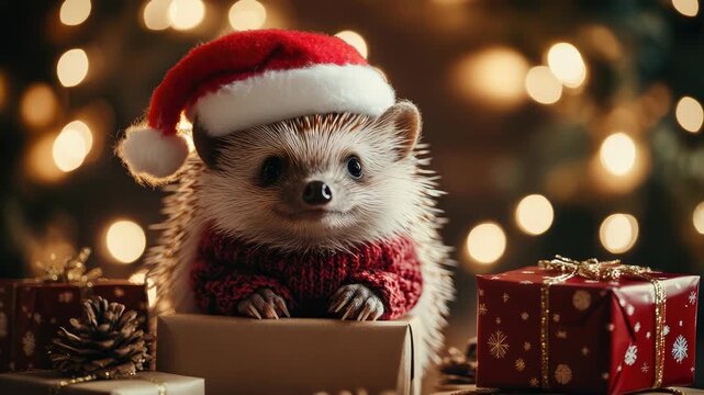 Cute hedgehog in tiny Christmas sweater sipping hot cocoa from miniature cup with blurred festive lights, funny holiday stock meme, cozy playful scene, copy space